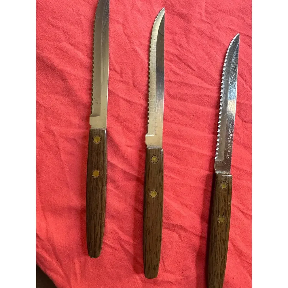 Vintage Forgecraft USA Steak Knives Set of 3 Serrated Black Bakelite 8-3/4